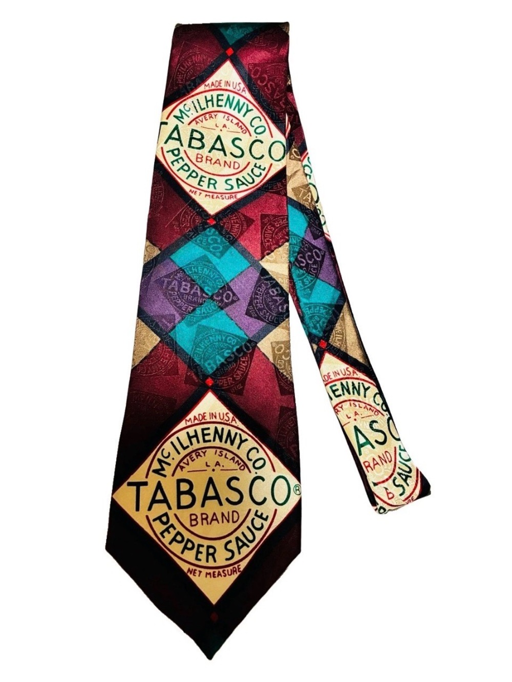 Tabasco Men’s Tie in Burgundy with Teal, Purple and Gold Accents silk 4 W 56 L